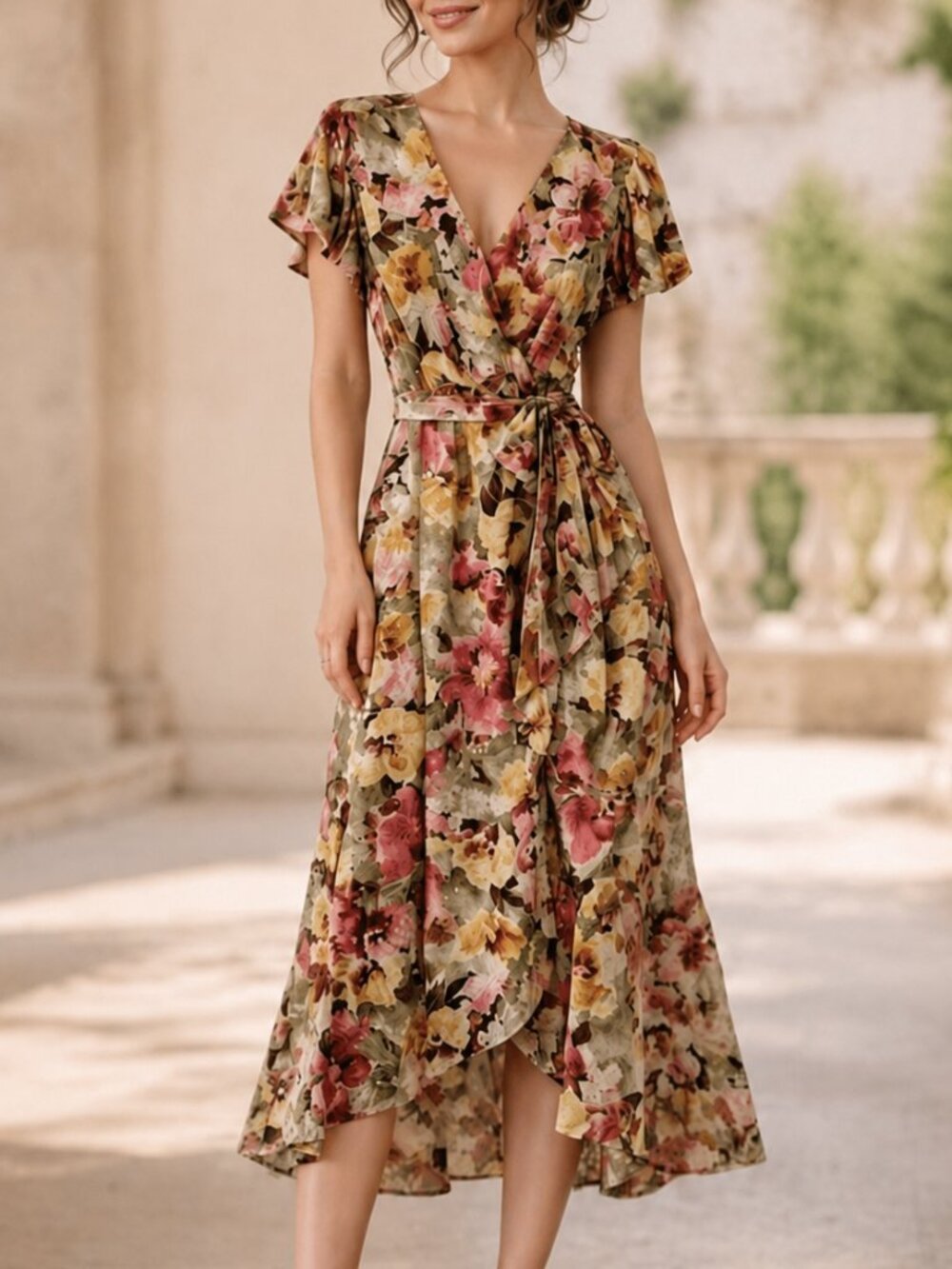 Nicole Miller Floral Flutter Sleeve High Low Maxi Dress Size Large